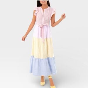 English Factory Sweet Heart Seersucker Colorblock Effie Ruffle Maxi Dress XS